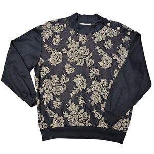 Vintage Witchy Whimsigoth Pullover Crewneck Sweater Black Gold Floral Victorian